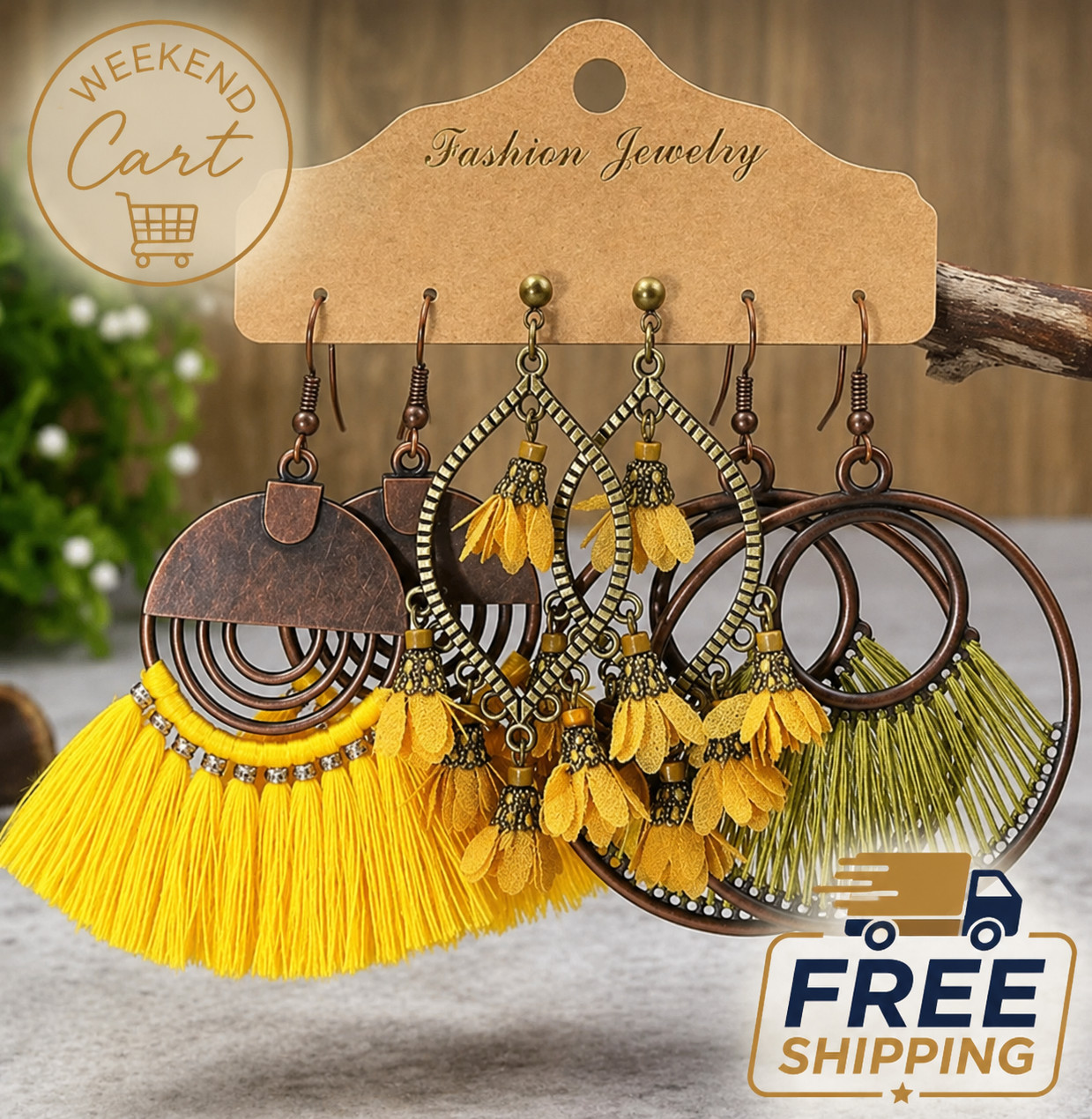 3 Pairs Women’s Boho Tassel Dangle Earrings Yellow Green Ethnic Statement Set