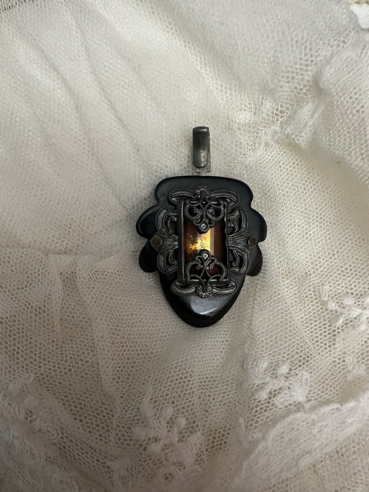 Antique Victorian Cape Clasp Bakelite Converted to Pendant Amber Glass