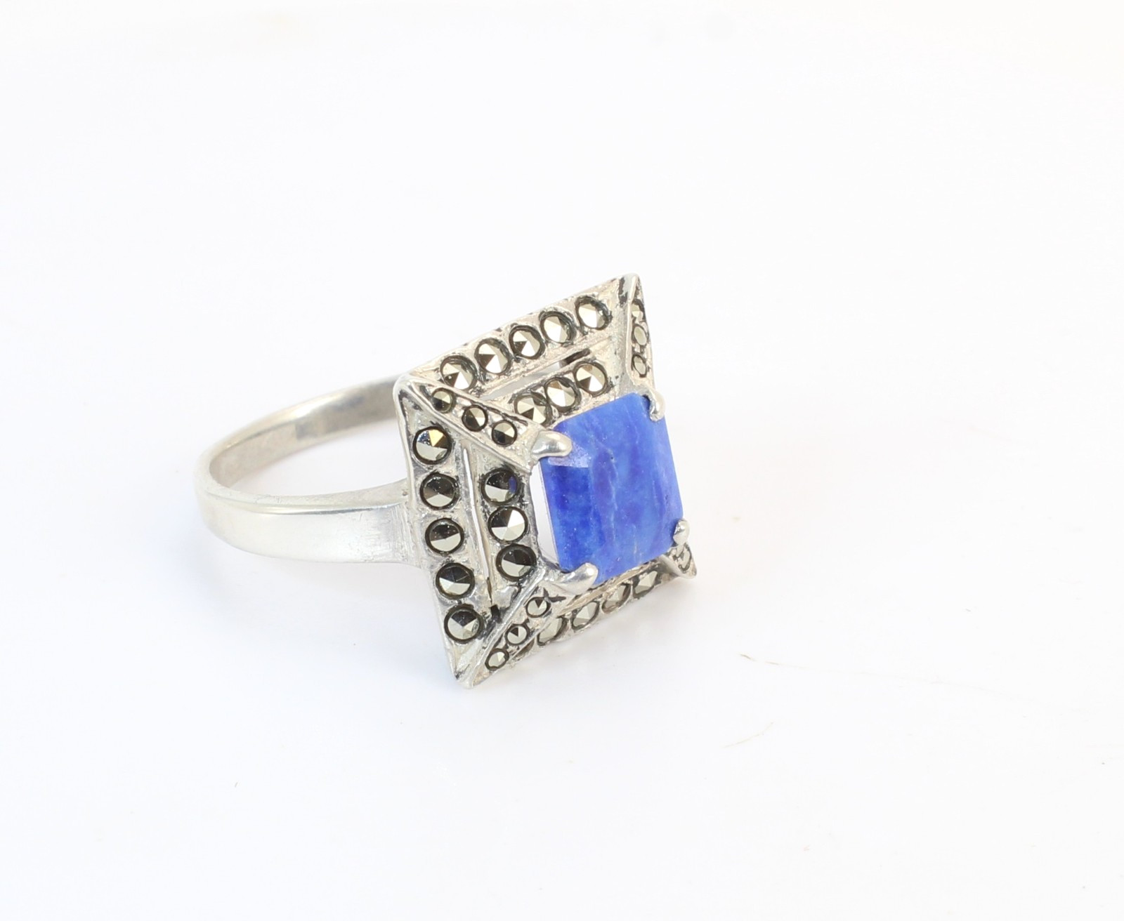 Vintage Blue Sodalite + Marcasite Sterling Silver Ladies Cocktail Ring Size 8