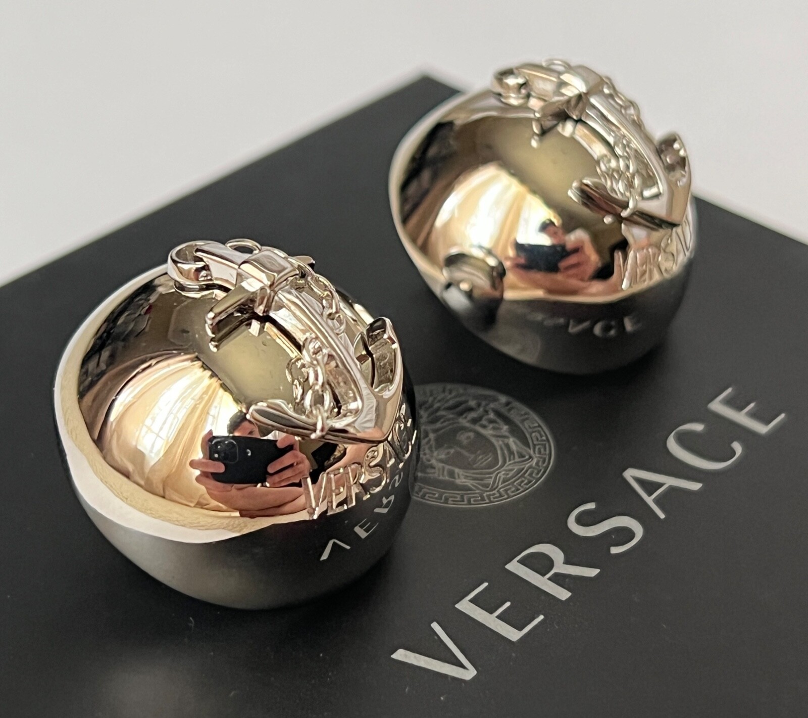 NIB Versace Nautical Anchor Logo Large Silver Sphere Round Ball Earrings $975