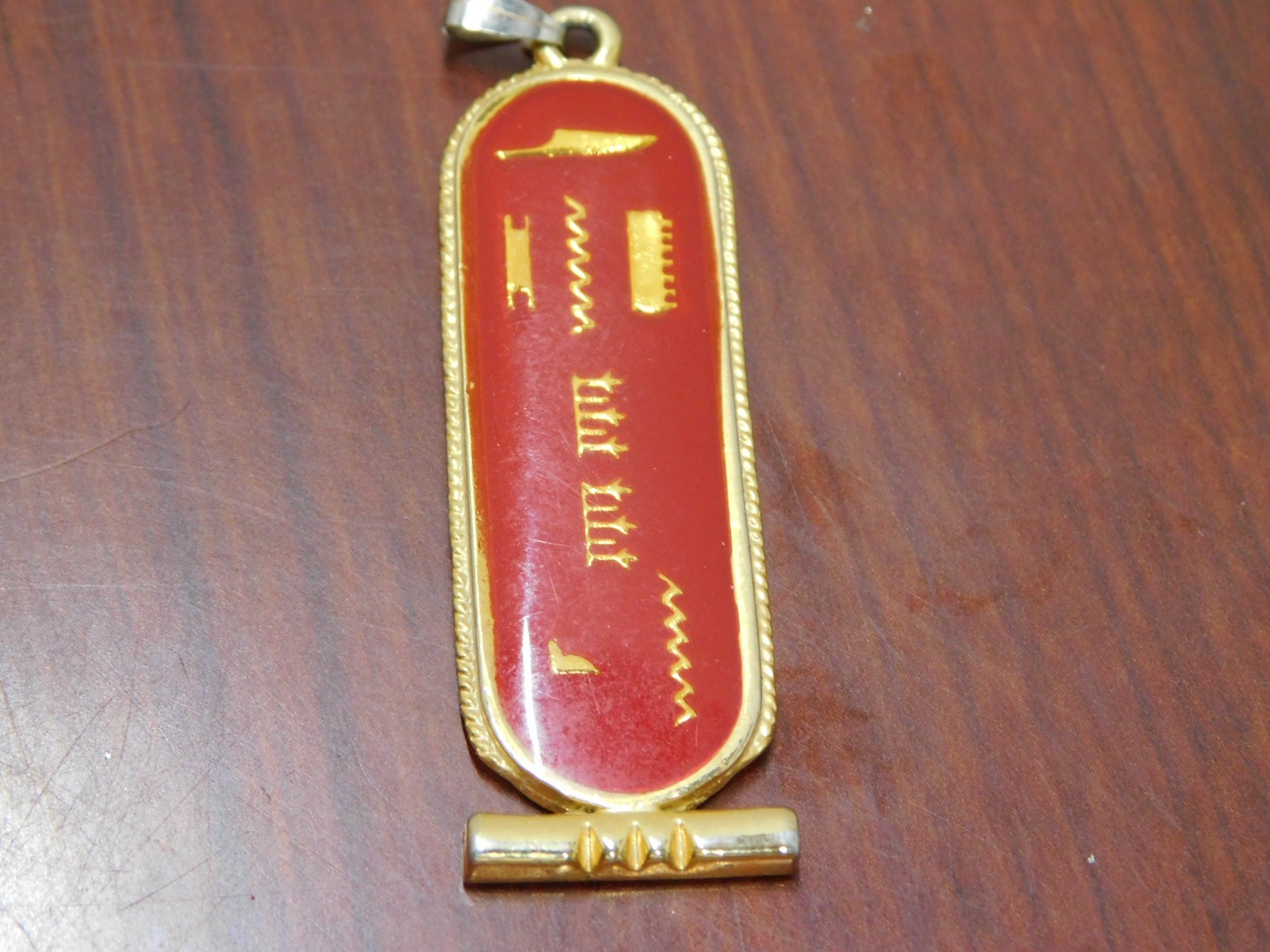 R Egyptian Gold toned Red Coral Enamel Cartouche Pendant from Egypt Amulet