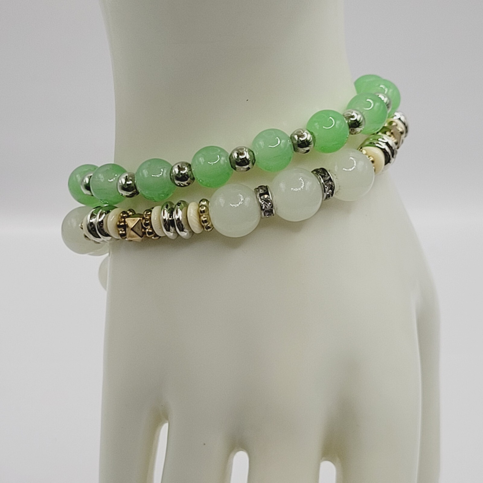 Modern Three Glass Bead w Rhinestone Jade Milky Glass Color Stretch Bracelet Set
