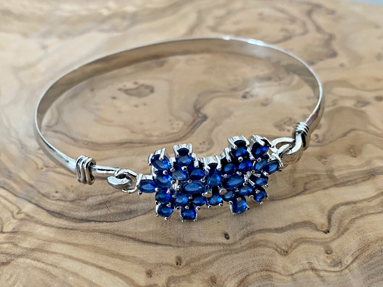 Blue Tanzanite Glass Floral Bangle Bracelet, 925 Sterling Silver, 2.8 in W