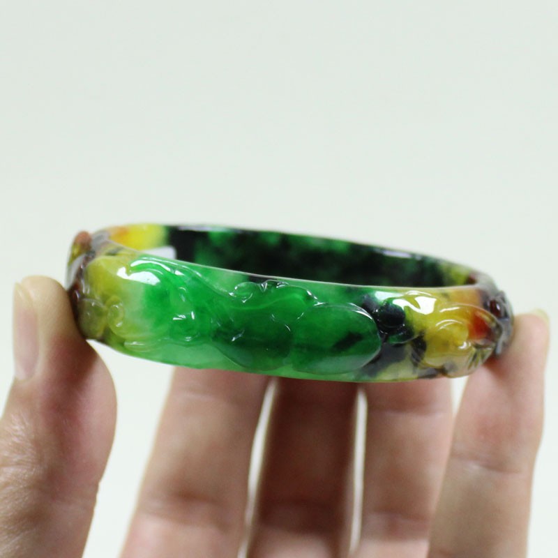 61mm Real Natural Ice Multicolor Burmese Jade jadeite Carving Bracelet Bangle
