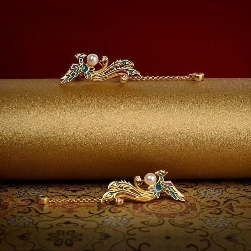Hundred Birds Phoenix Cloisonné Earrings New Chinese Style Vintage Court Jewelry