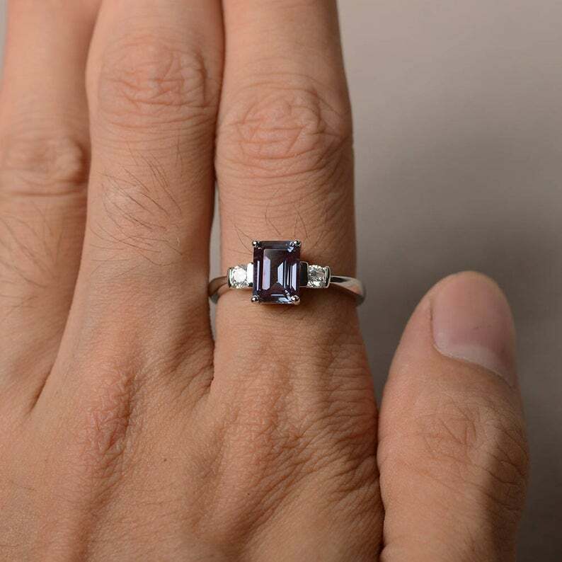 3Ct Emerald Simulated Alexandrite Three Stone Ring 14K White Gold Plated Silver