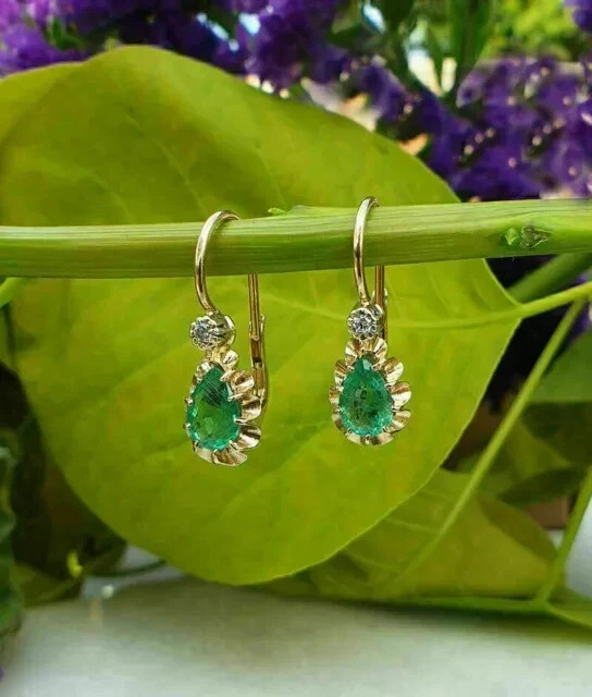 14K Yellow Gold Plated 2CT Pear Cut Simulated Green Emerald Drop Dangle Earrings