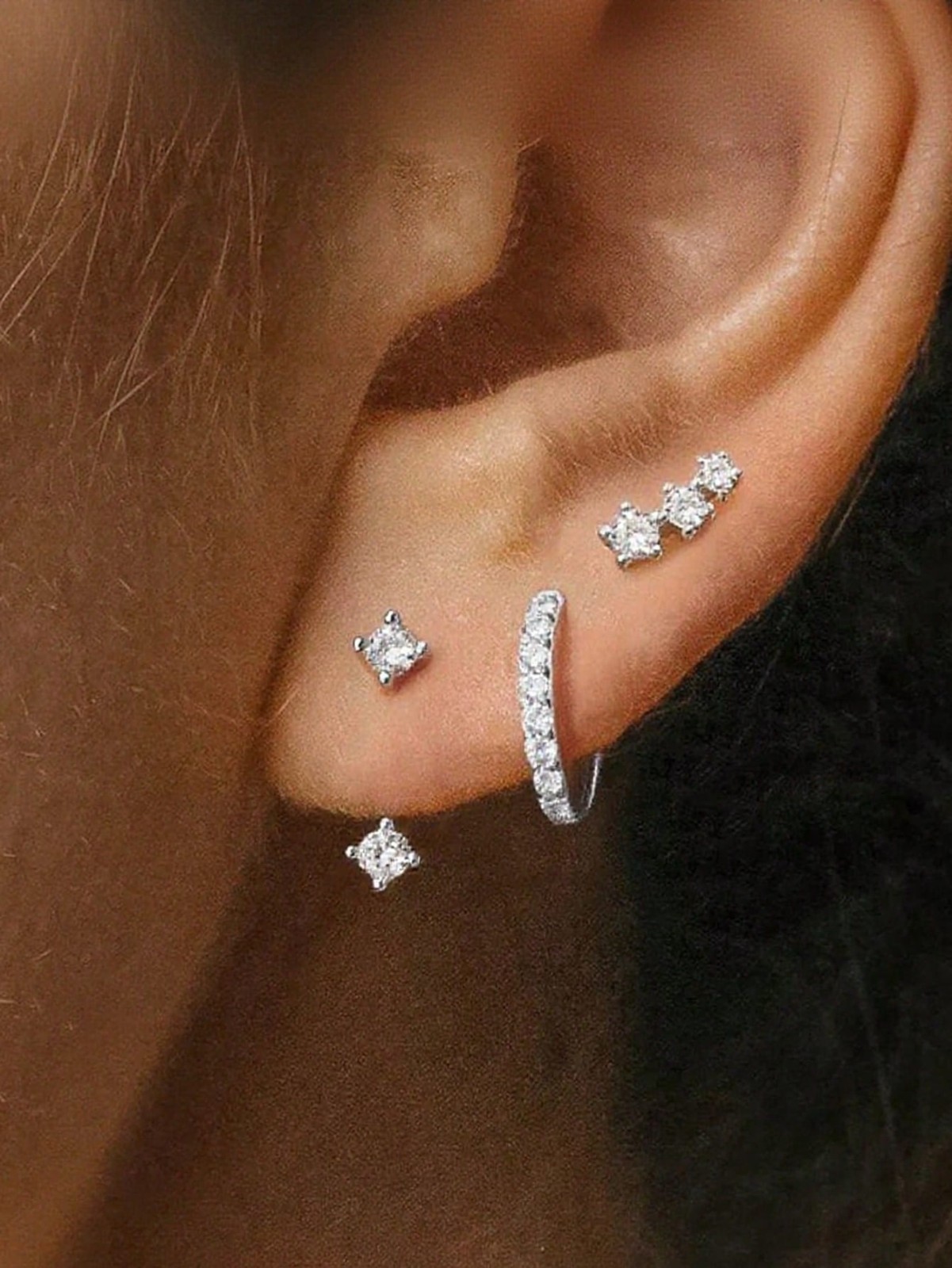 Dainty CZ Huggie Hoop Climber Stud Earrings Set Gold Tone Women 3 Pairs