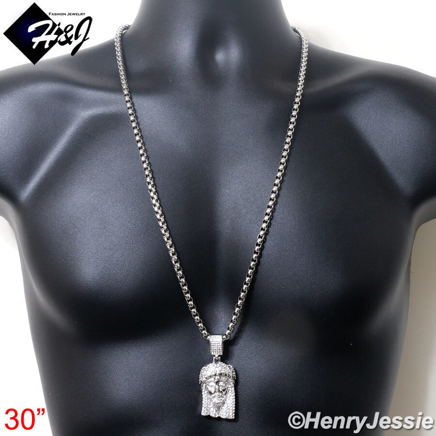 18″-40″MEN Stainless Steel 5mm Silver Box Link Necklace ICY CZ Jesus Pendant*150