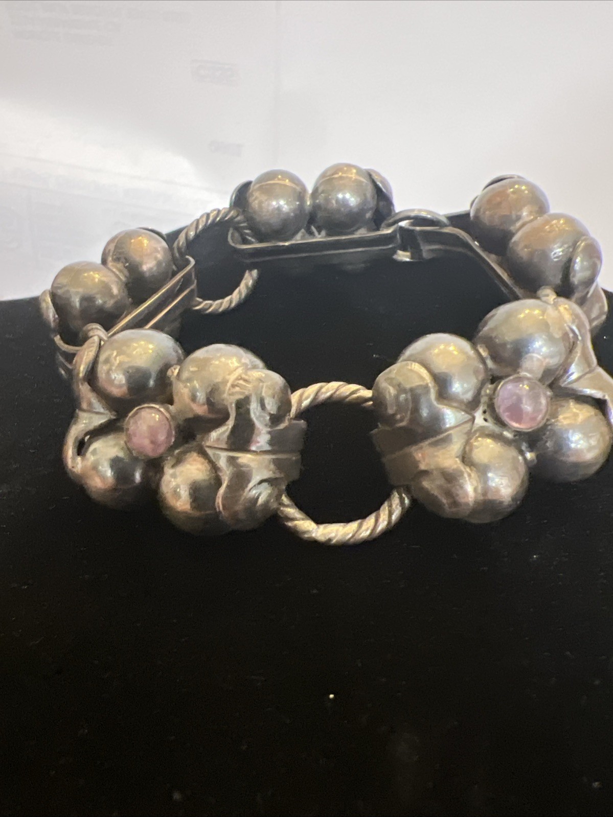 Mexican Silver Amethyst Bracelet With Slver Rope Links Vintage