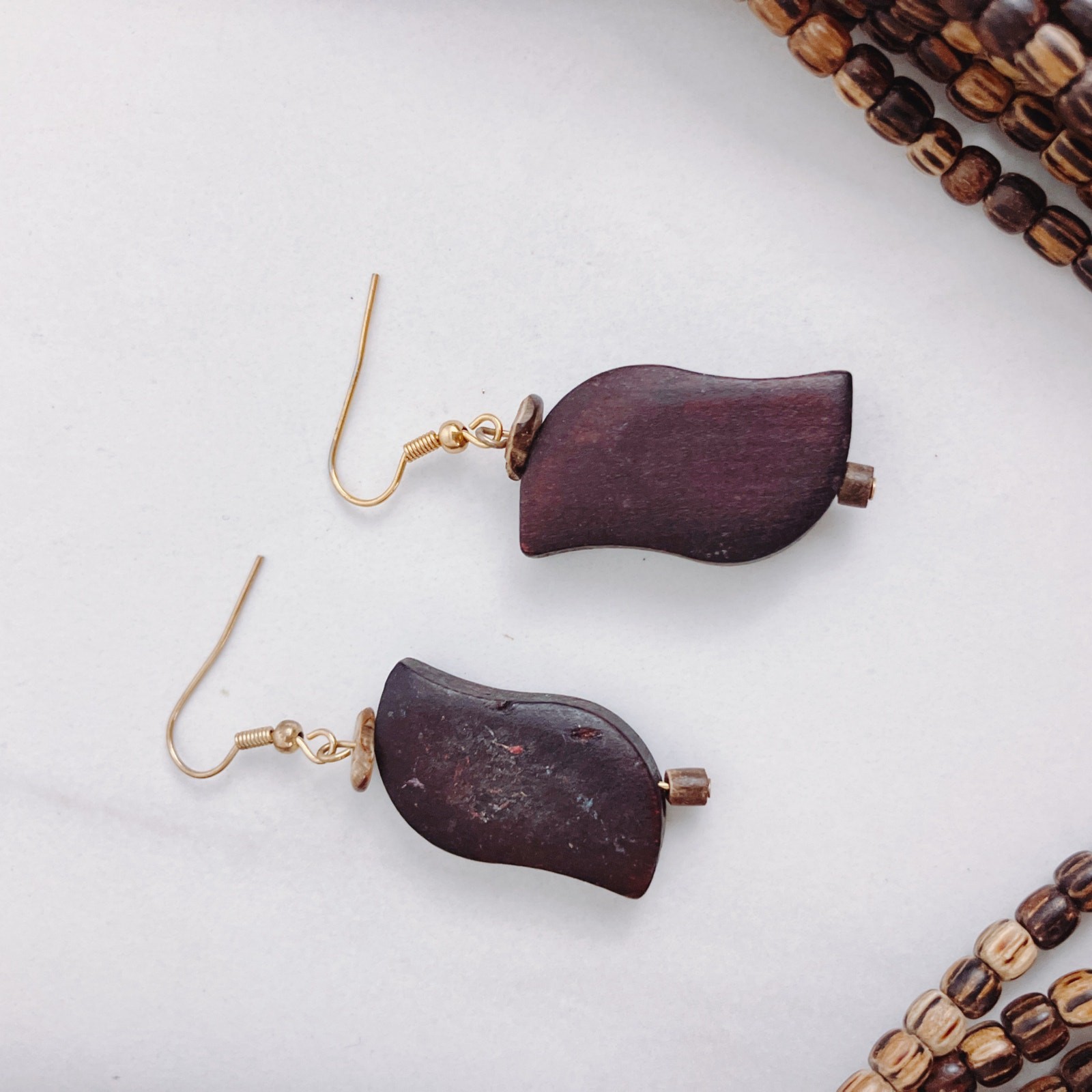 Tribal Wood Bead Bib Necklace & Earrings Set, Faux Horn, Boho