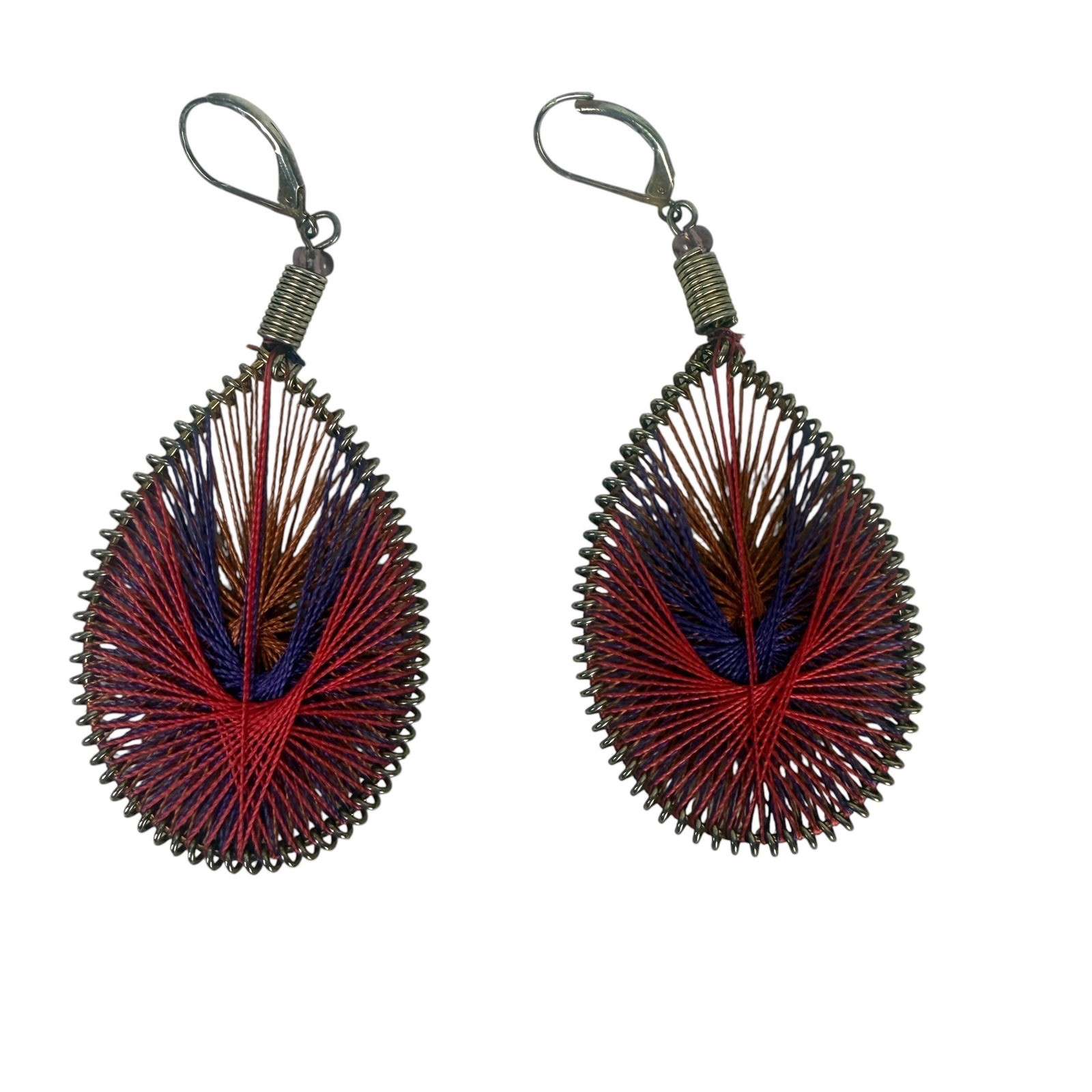 Bohemian String Art Teardrop Earrings Red Purple Brown Woven Fiber Jewelry