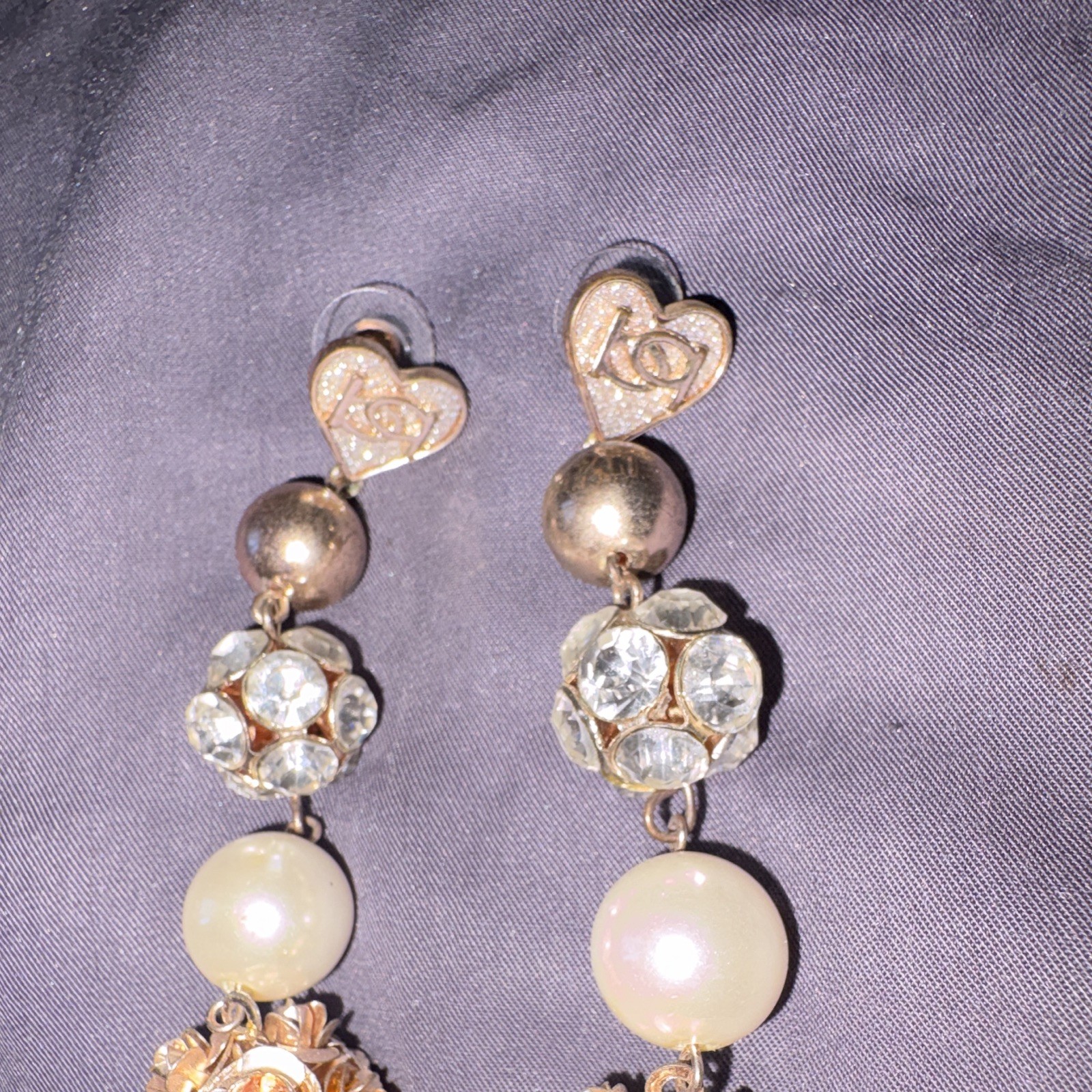 Gold Tone Heart Dangle/Drop Earrings Clear Crystal Rhinestone Imitation Pearl