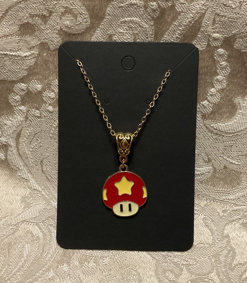 Mushroom Mario Luigi Cartoon Video Game Enamel Charm Gold Adorable Necklace 18”