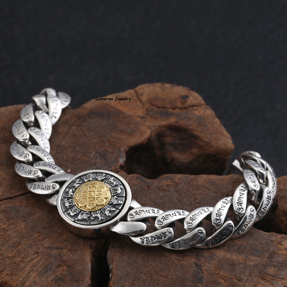 Pure S925 Sterling Silver Chain Round Six Wirds Curb Link Bracelet 7.1-8.7inch