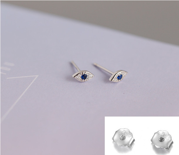 Tiny EVIL EYE STUD EARRINGS W/ BLUE WHITE Crystal CZ 925 STERLING SILVER Set H4