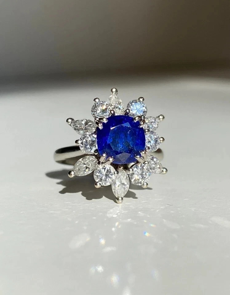 Diamond Wedding Ring 14K White Gold 2.70Ct Cushion Natural Blue Sapphire Size6 7