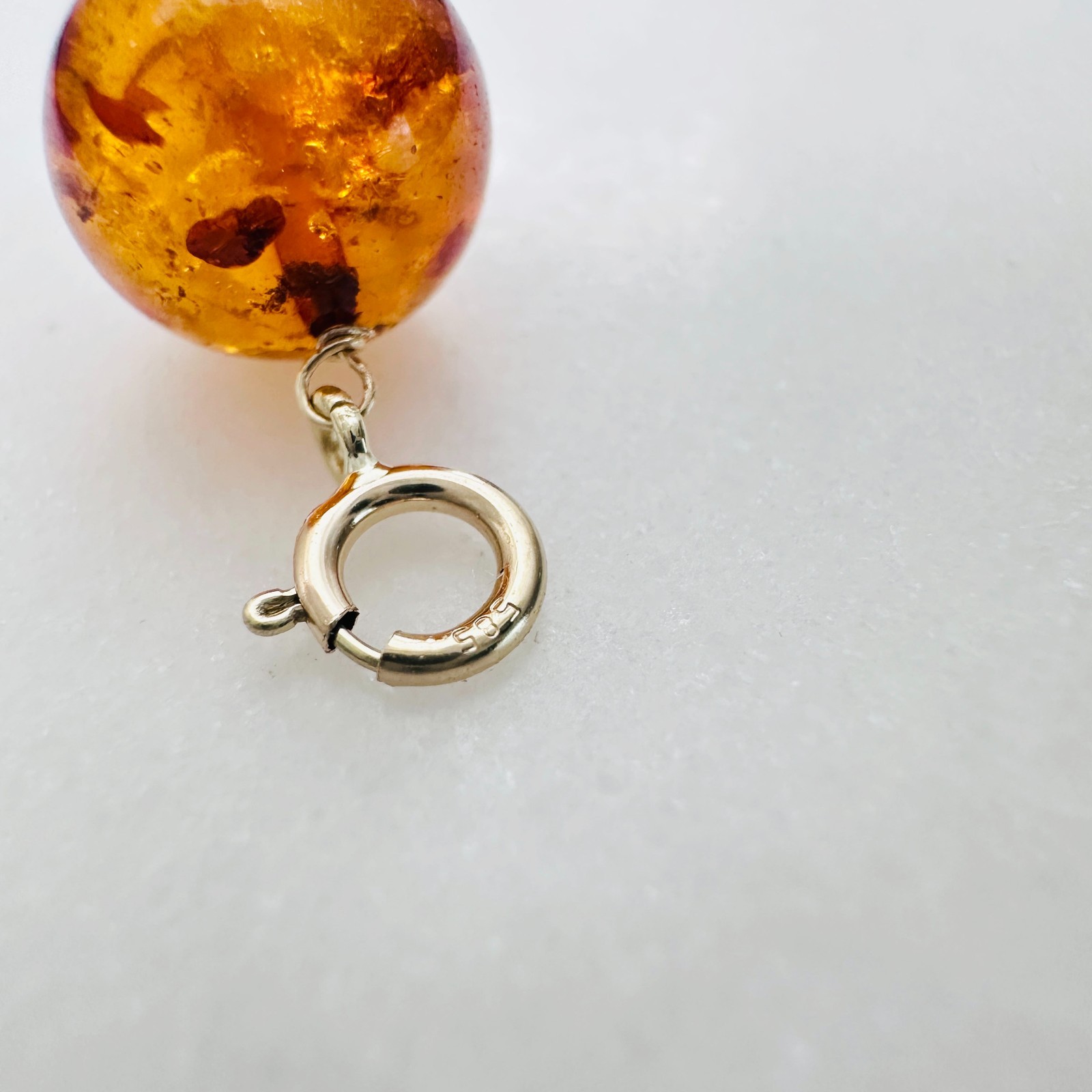 14K Solid Yellow Gold 9mm Round Cognac Baltic Amber Charm Pendant w/Spring Clasp