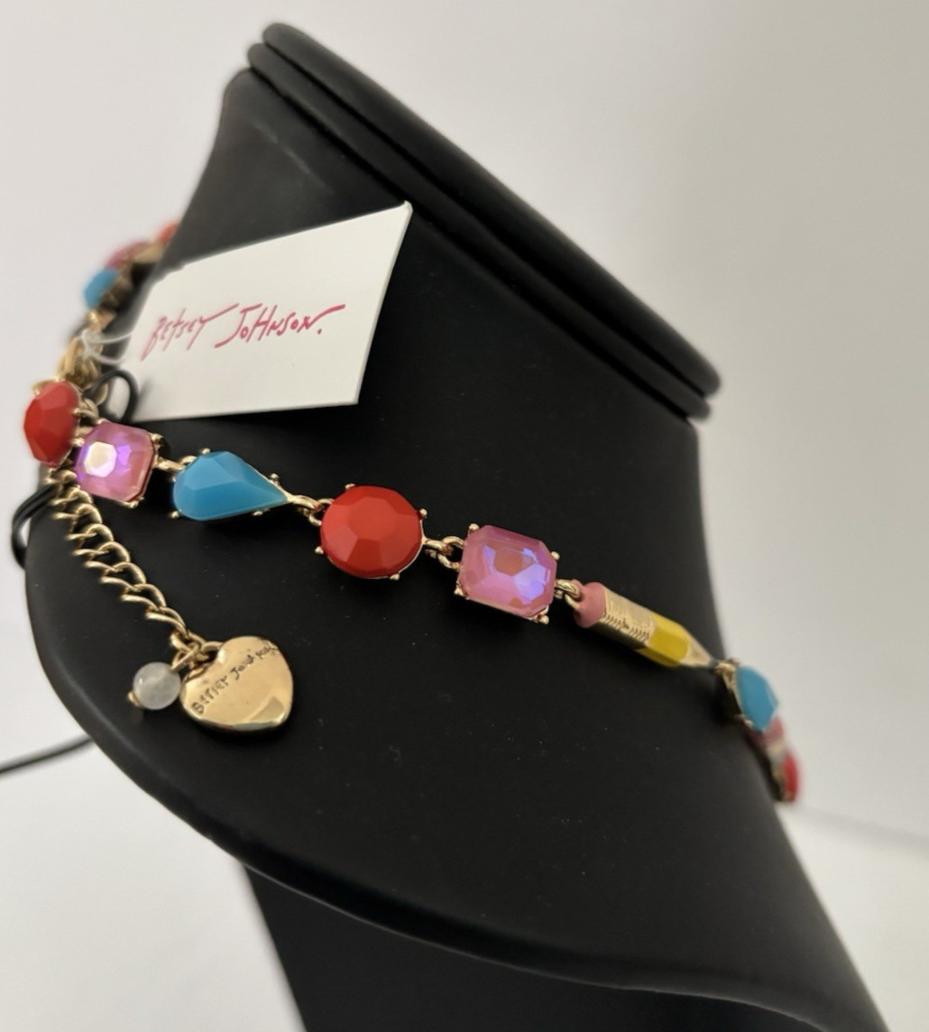 Betsey Johnson Back to School Teacher Pencil Necklace Rhinestones Gold Tone NEW