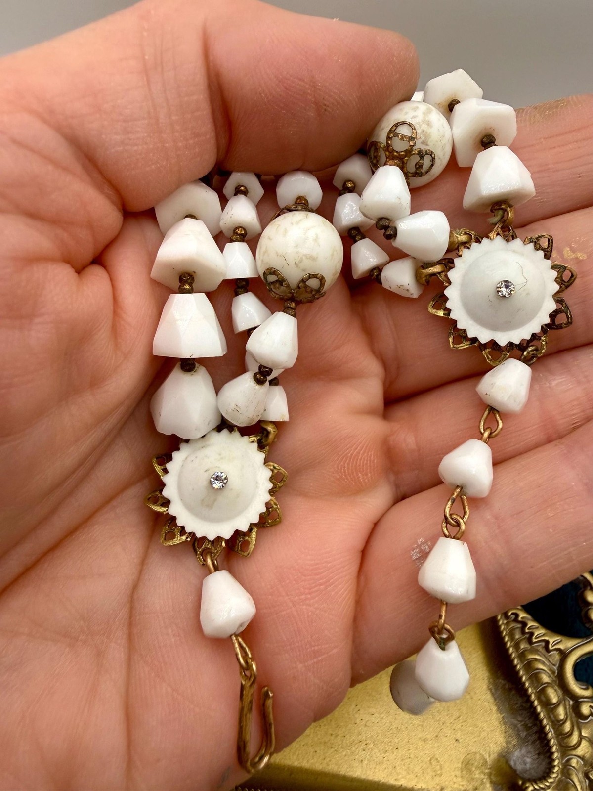 Vintage Milk Glass Multi Strand Necklace with Faux Pearls, Rhinestones (1940s-19
