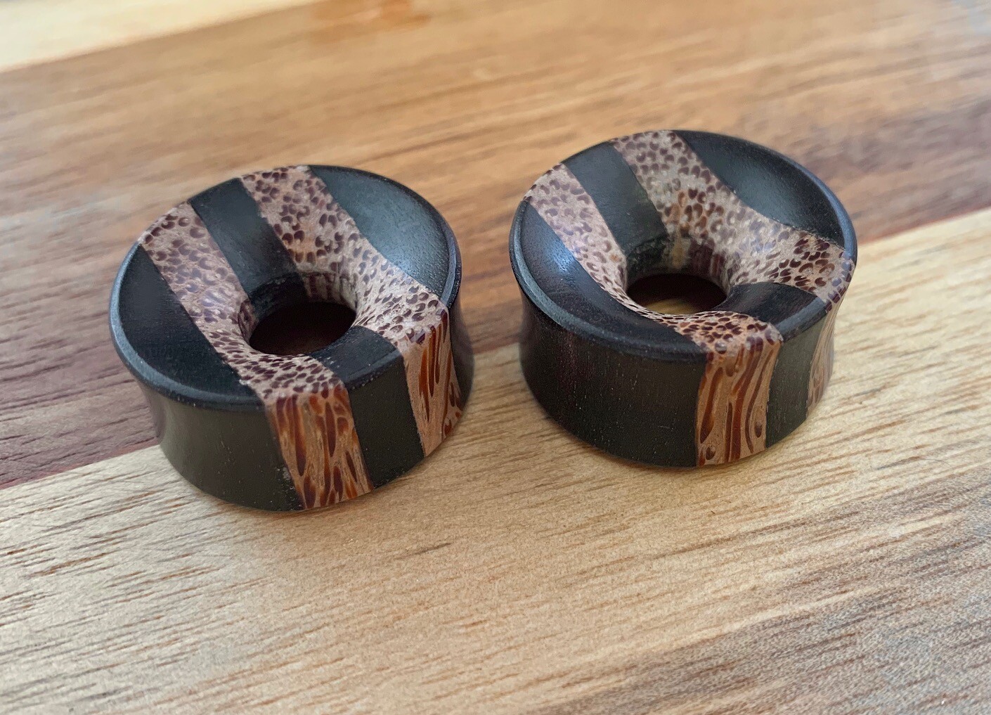 PAIR Coconut & Areng Wood Striped Tunnels Plugs Organic Gauges Body Jewelry