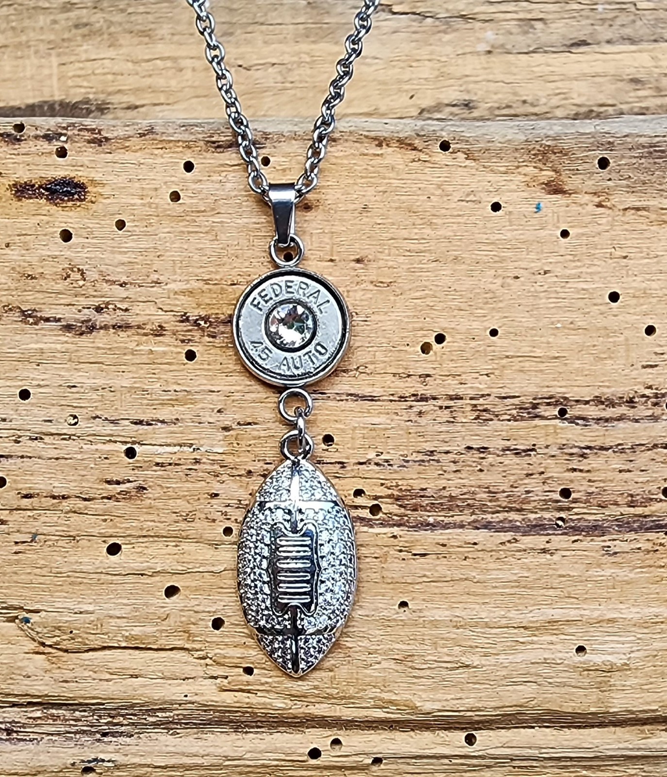 Stainless Steel Bullet Necklace with Football Charms. Optional Crystal.