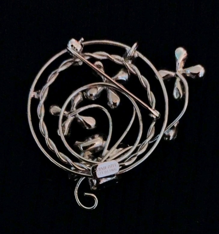 Vintage STAR ART Sterling Silver Twist Blue & White Crystal Flower Pin Pendant