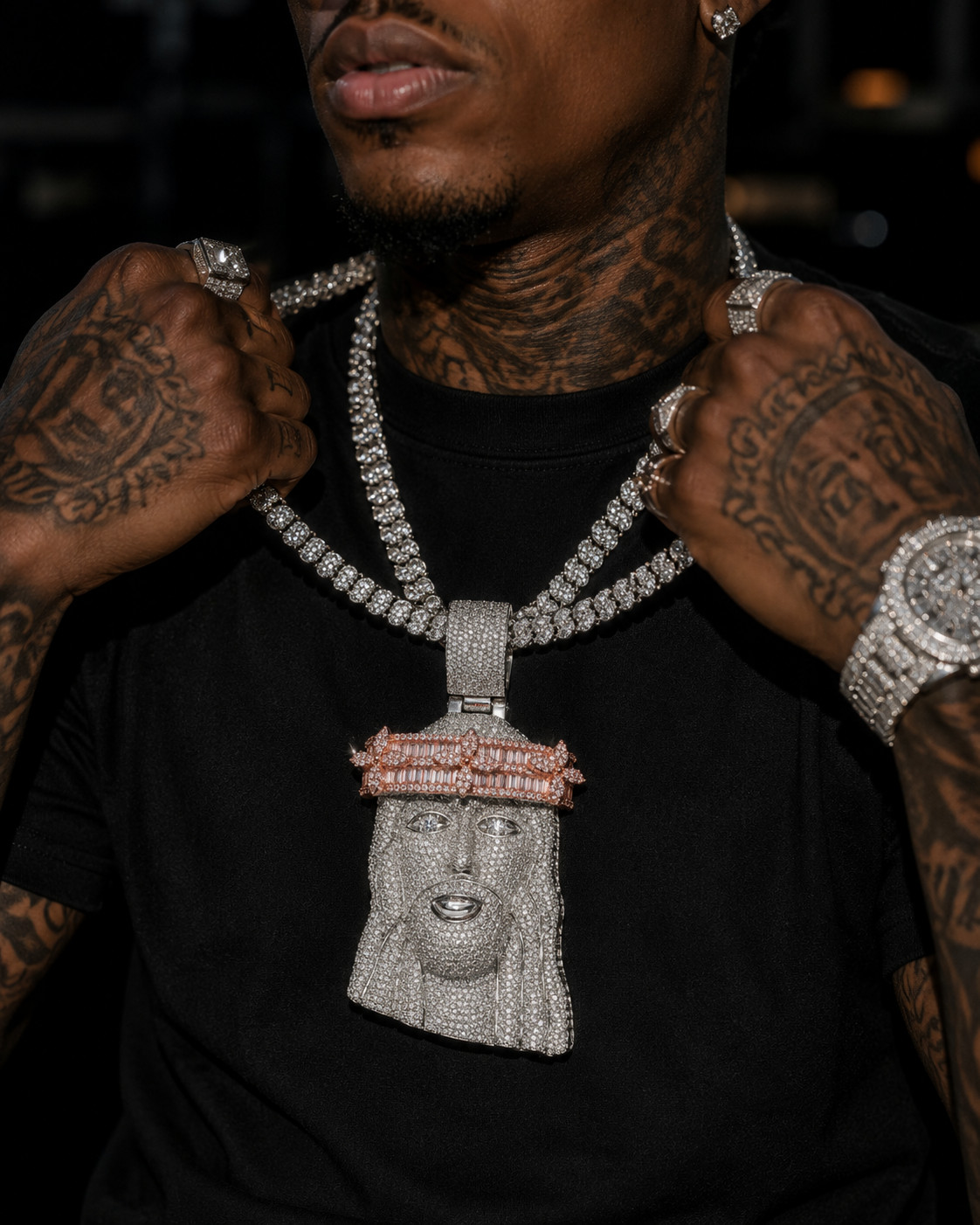 5AAA+ CZ Iced Out Hip Hop Bling Jesus Head Pendant Necklace 14k Gold Plated