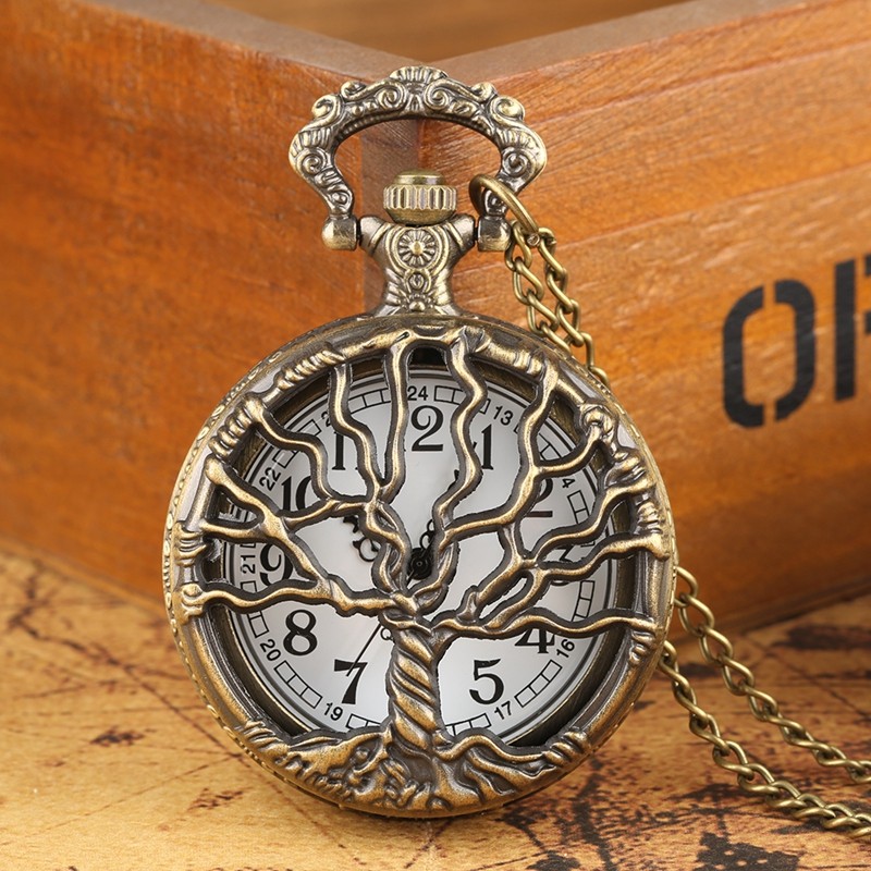 Bronze Tree of Life Pocket Watch Hollow Cutout Design Quartz Necklace with Chain