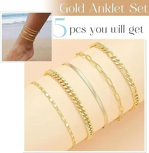 iF YOU Gold Ankle Bracelets for Women, 14k Gold Plated Waterproof Cuban Link Cha