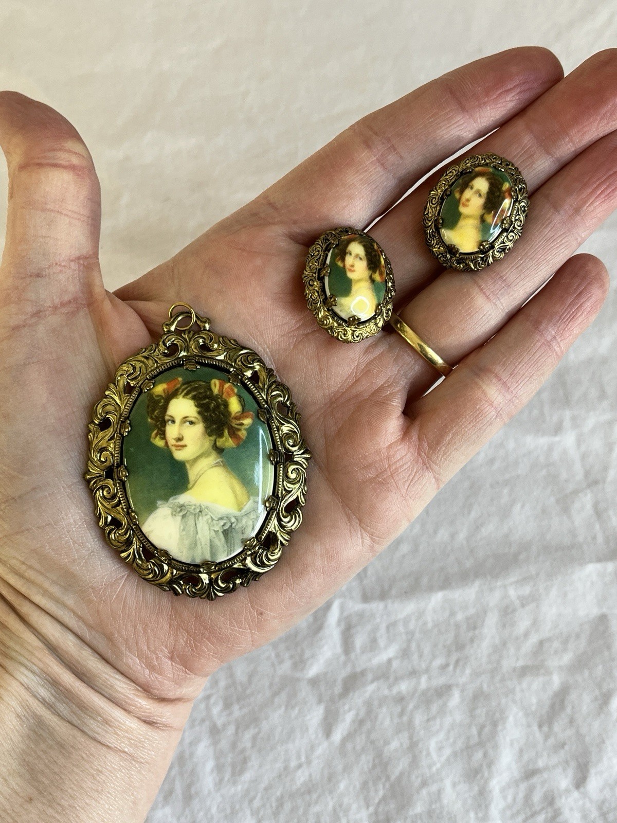 Vintage West Germany Porcelain Woman Necklace Pendant and Earrings Bridgerton St