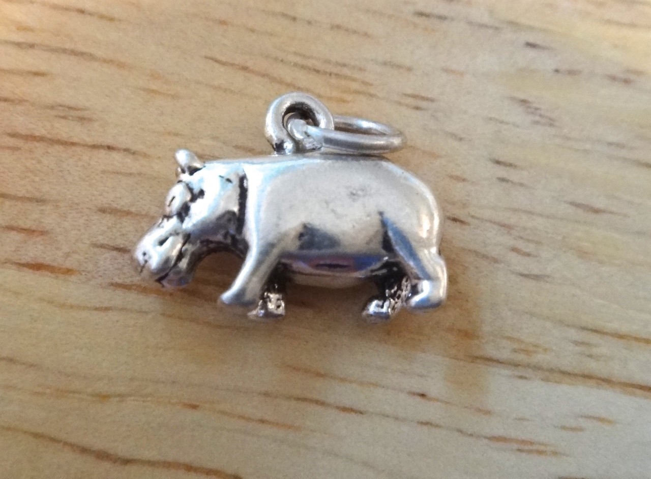 3D 14x10mm solid Hippopotamus Hippo Sterling Silver Charm