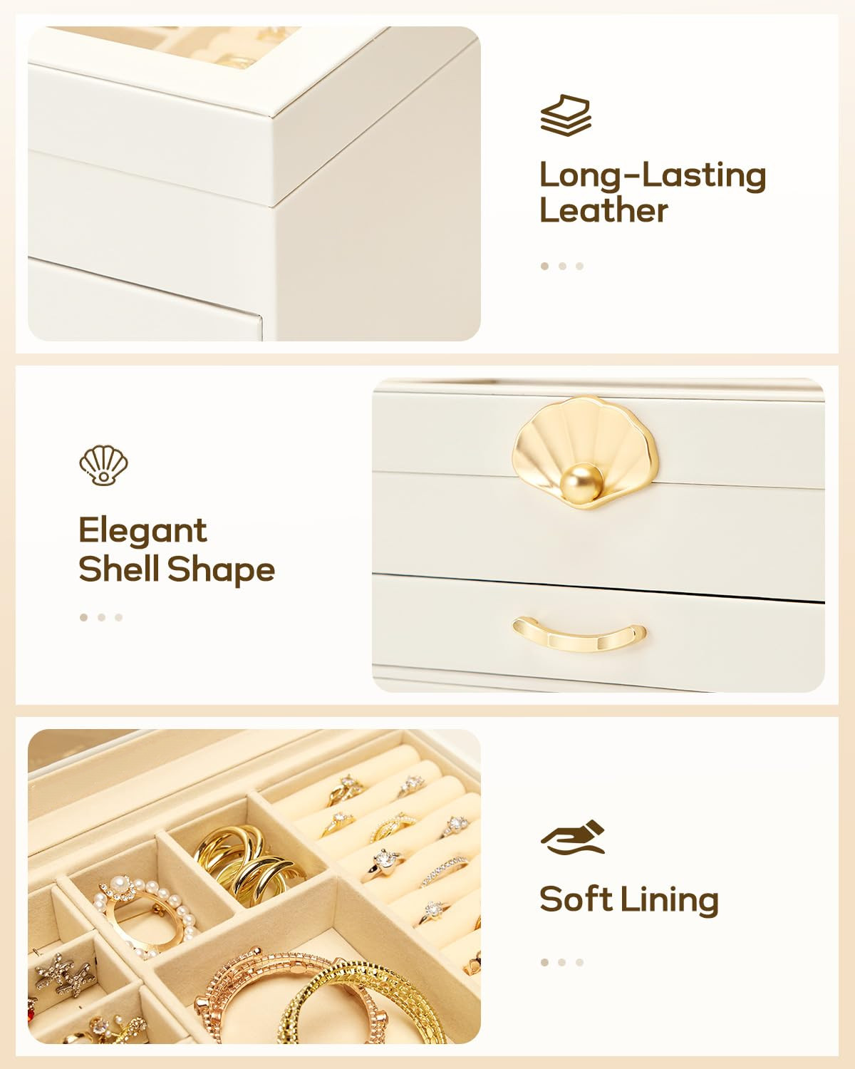 Jewelry Box 3 Drawers Glass Lid Leather Organizer Storage Display White Gift