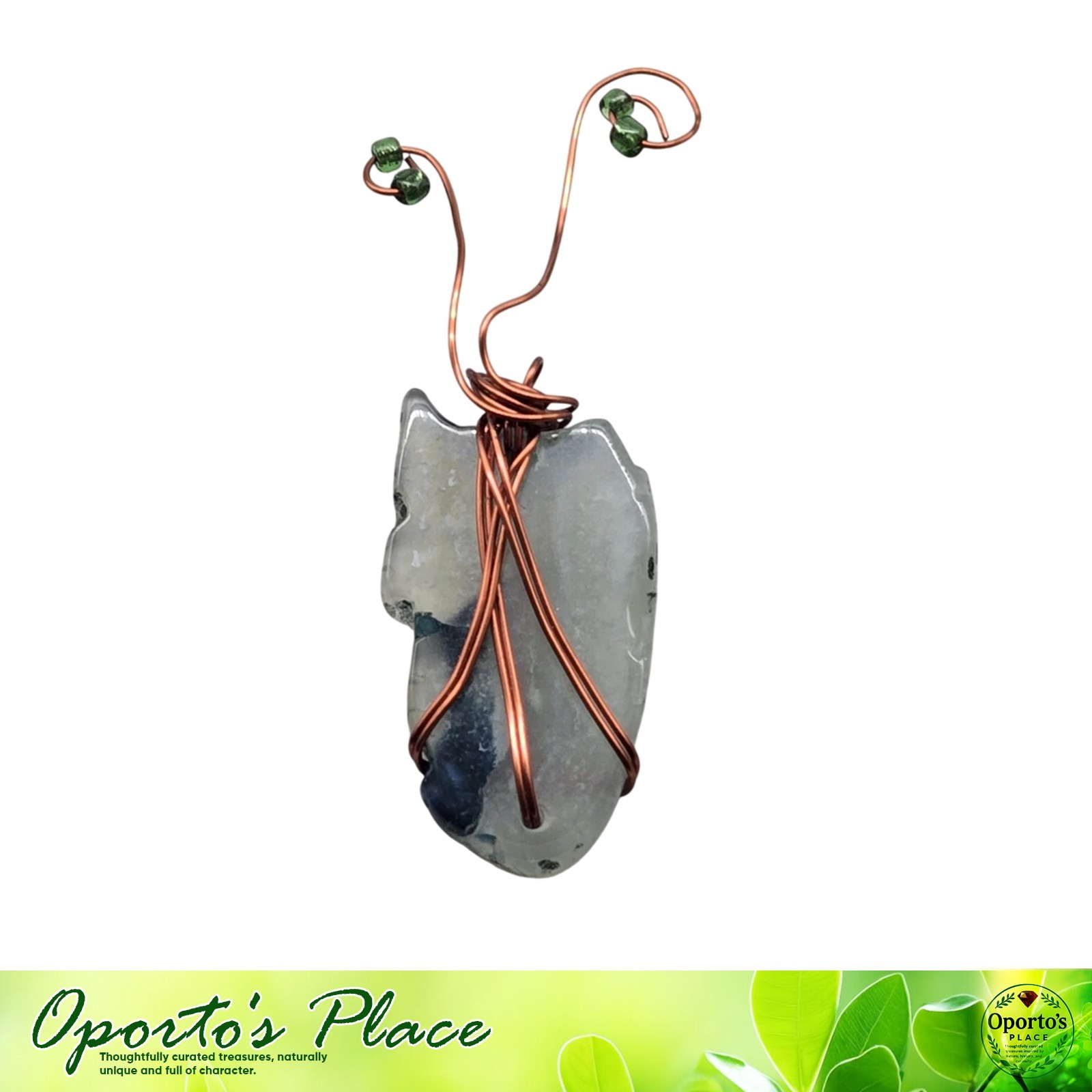 Artisan Copper Pendant Wired Sea Glass Green Beads Art Jewelry Semi Transparent