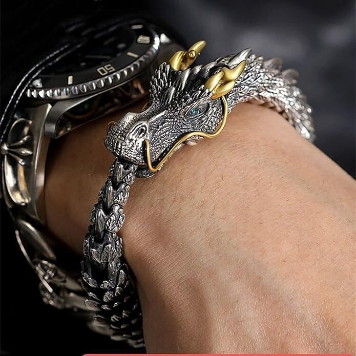 Viking Dragon Mens Bracelet Stainless Steel Scale Chain Cuff Bangle Punk Jewelry