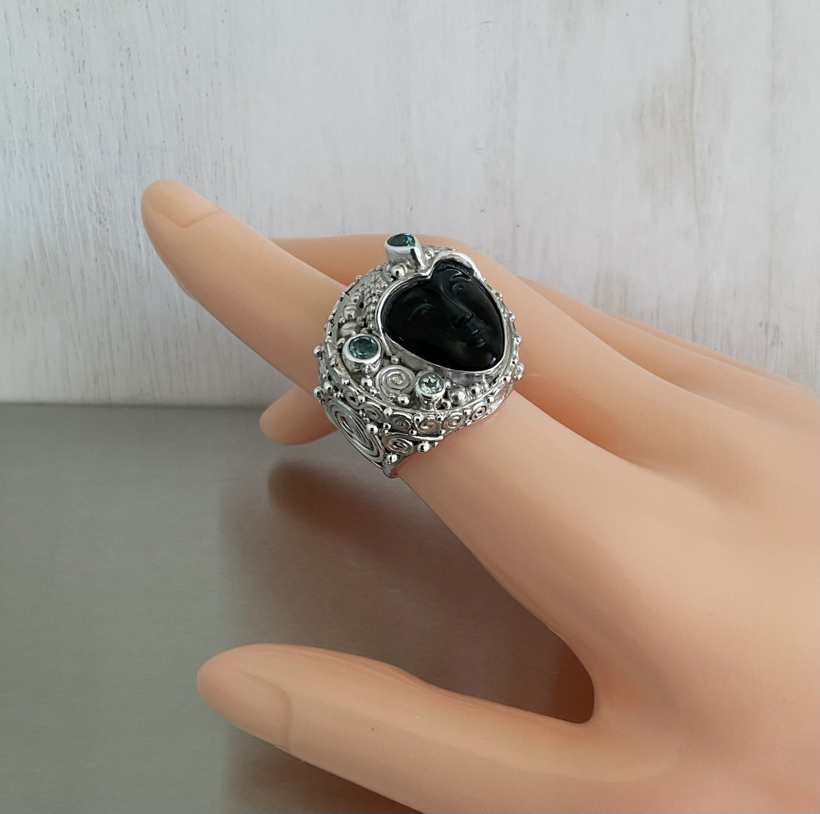 Sajen Carved Obsidian Goddess Face & Blue Topaz Ring 925 Sterling Silver Size 7