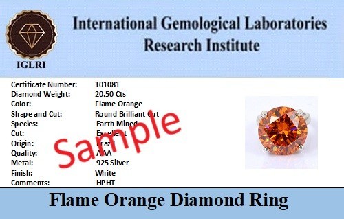 RARE Certified 18.60 CT Ct Flame Orange Diamond Solitaire Ring, 925 Silver