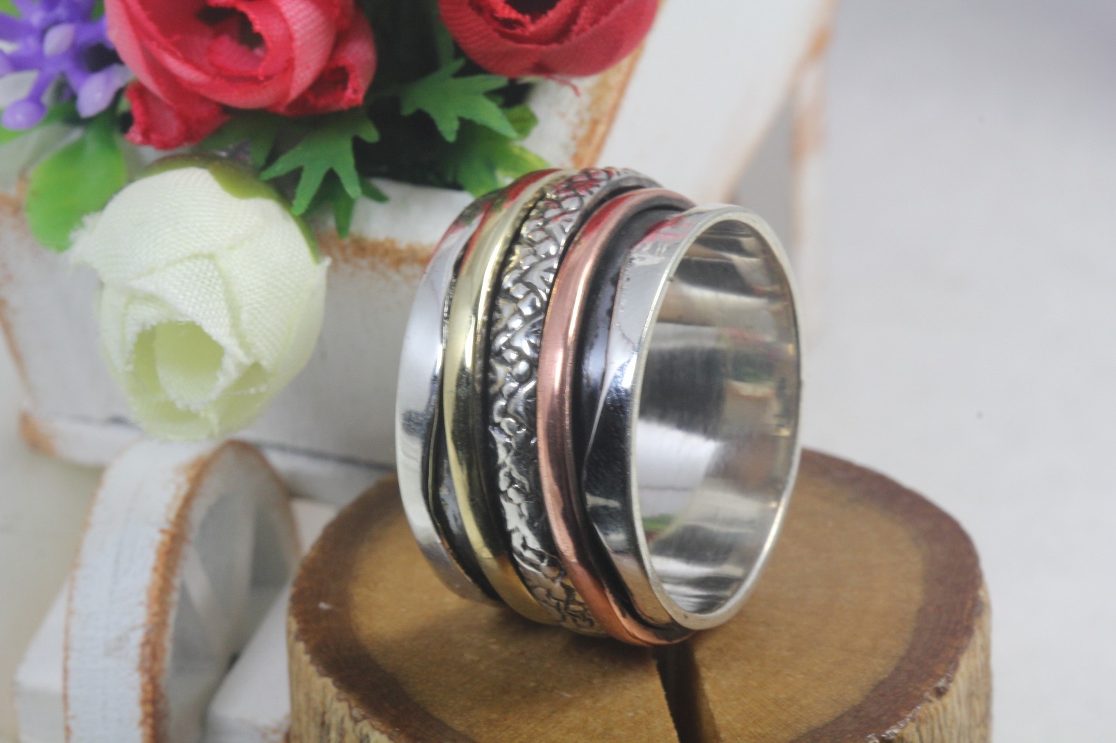 Texture Fidget Boho Wide Sterling Silver,Gold, Rose Gold Spinner Meditation Ring