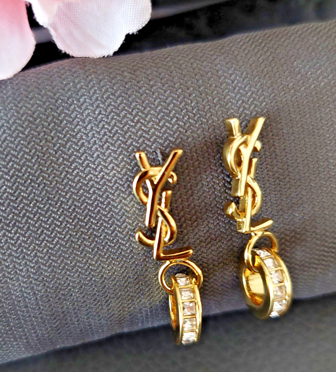 Auth. YVES SAINT LAURENT YSL LOGO Stud CRYSTAL Ring Drop EARRINGS Gold Tone
