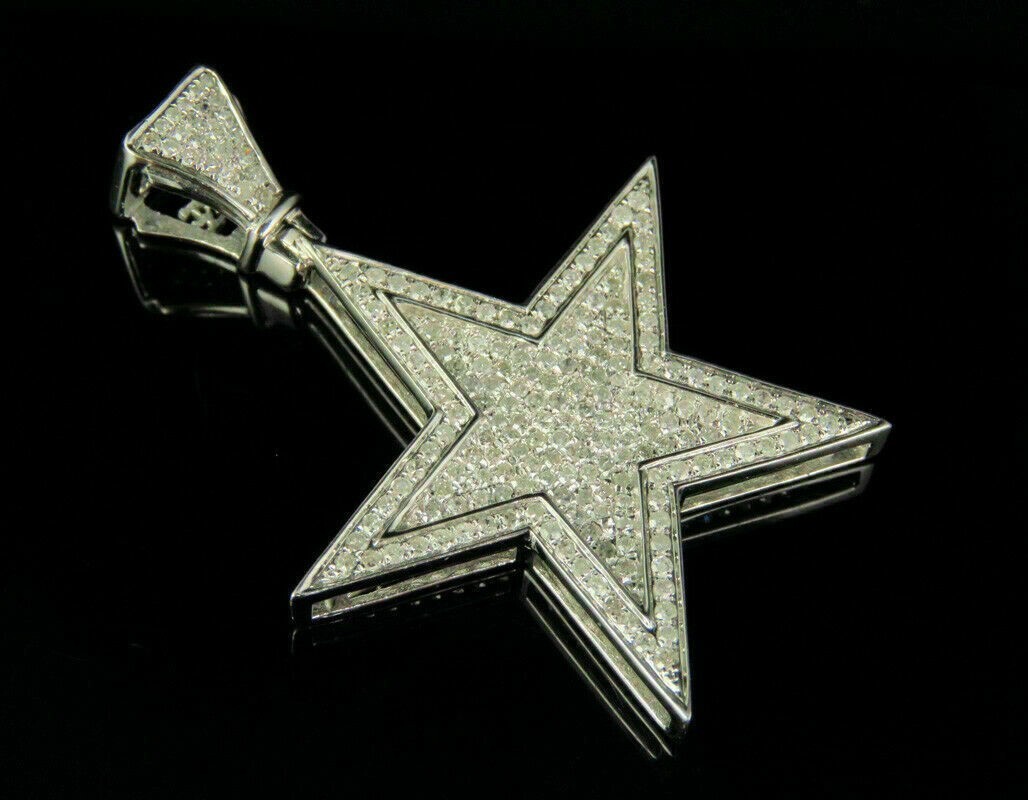 Men’s 14K White Gold Over Diamond Star Pendant Charm 1.35 CT 1.75″
