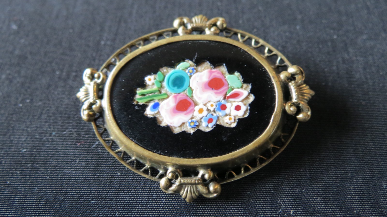 Victorian Gold Fill PIETRA DURA Micro Mosaic Floral Brooch C Clasp Pin Rare Find