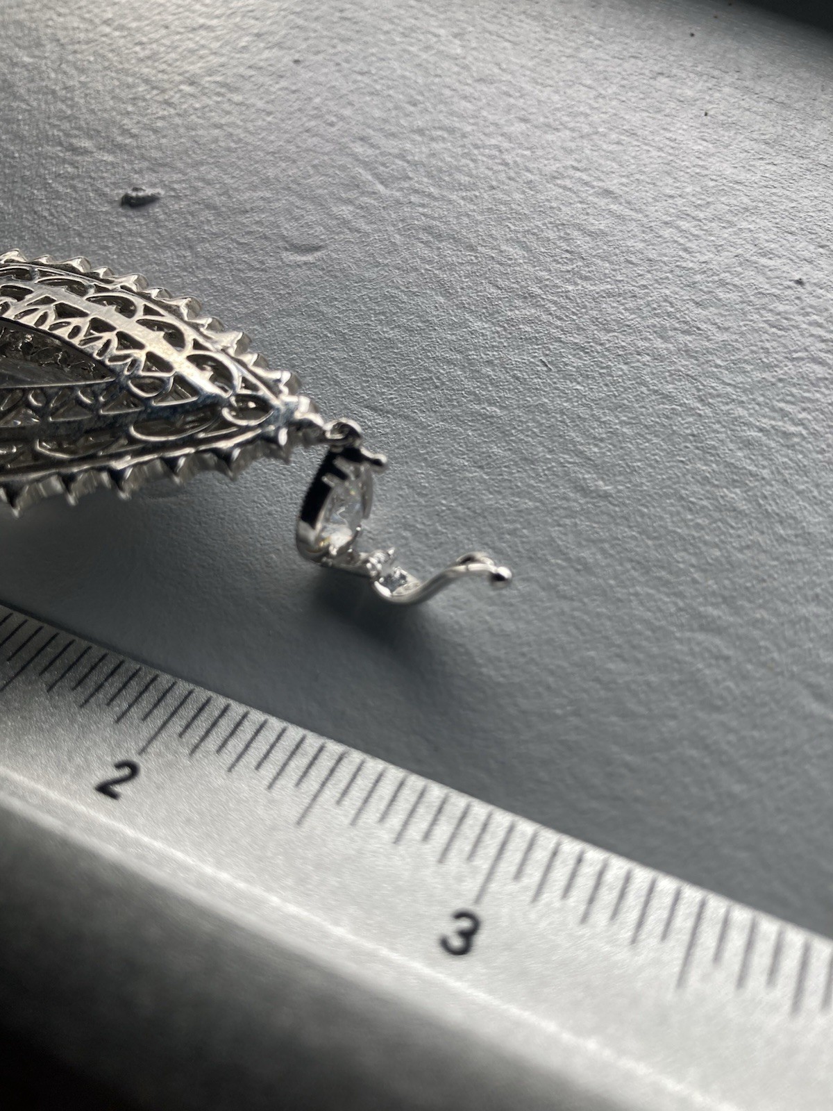 Big, Ornate Wedding Cocktail Party Teardrop Silver Pendant. Gem. Clip Bale.