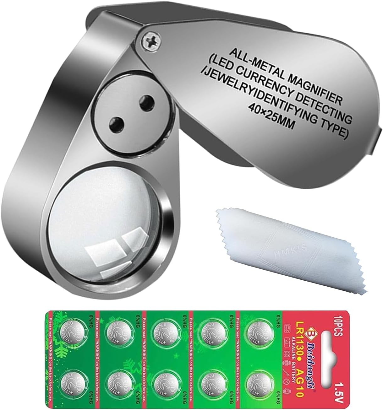 40X Jewelers Loupe, Full Metal Illuminated Jewelry Loop Magnifier, Silver