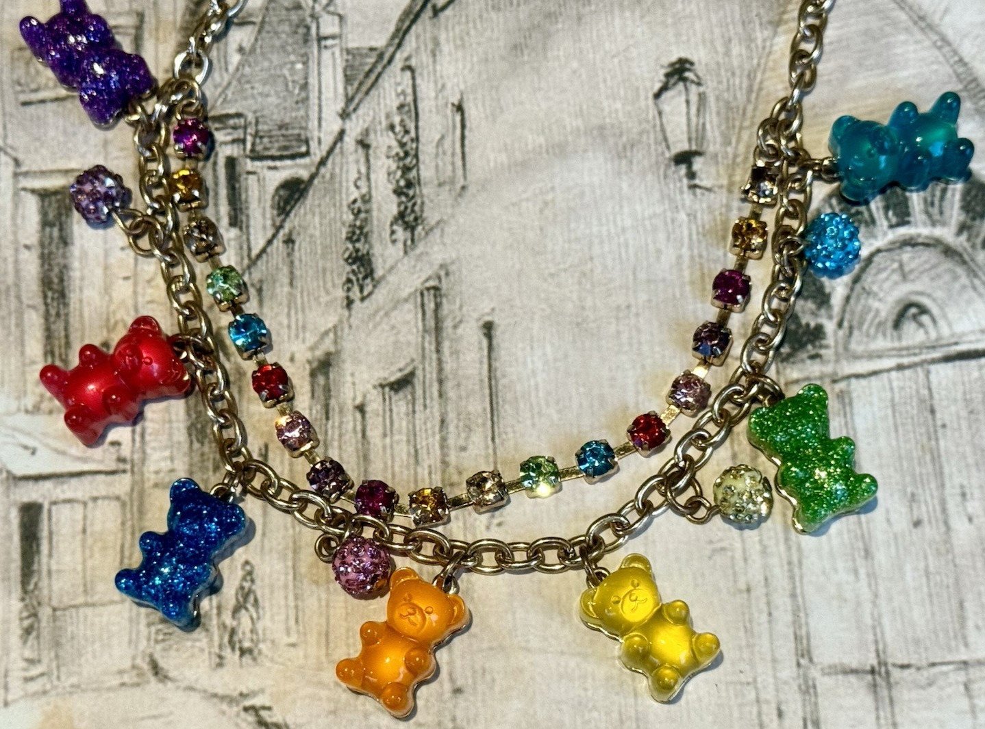 Betsey Johnson Gummy Bear Rainbow Rhinestone Necklace