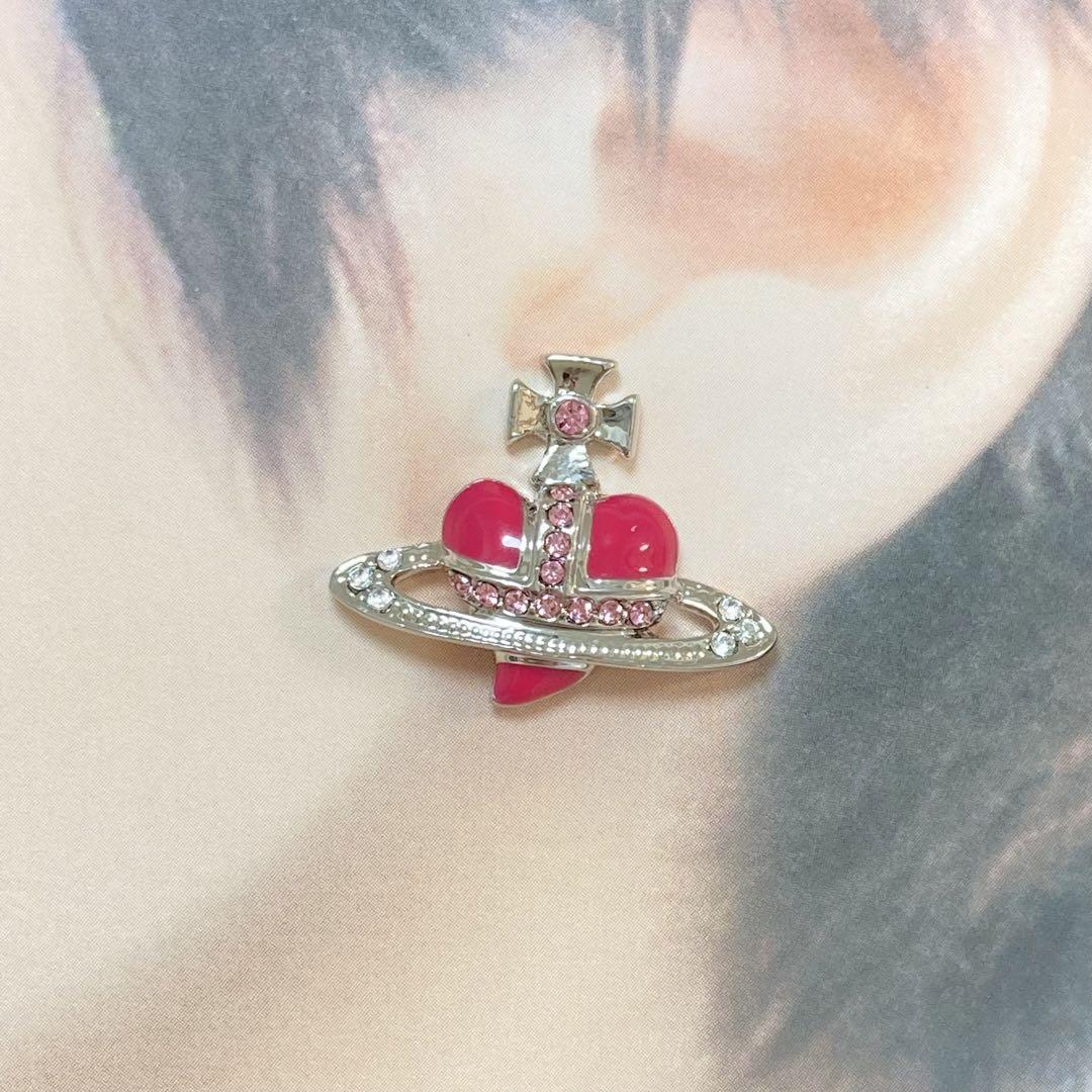 Vivienne Westwood Earrings Pierce Diamante Heart Silver Pink 2.5 cm w/drawstring