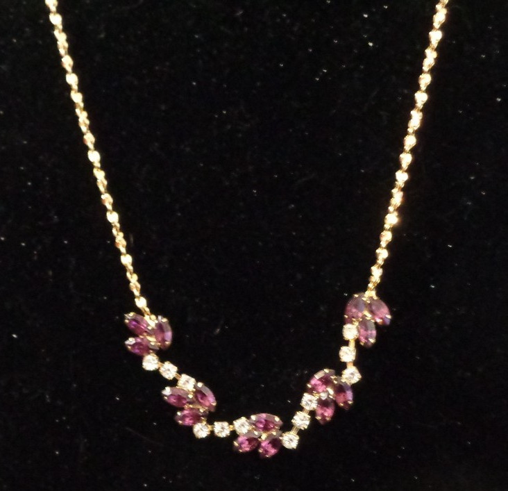 Stunning 14K Yellow Gold Electroplated Faux Amethyst & Faux Diamond Necklace