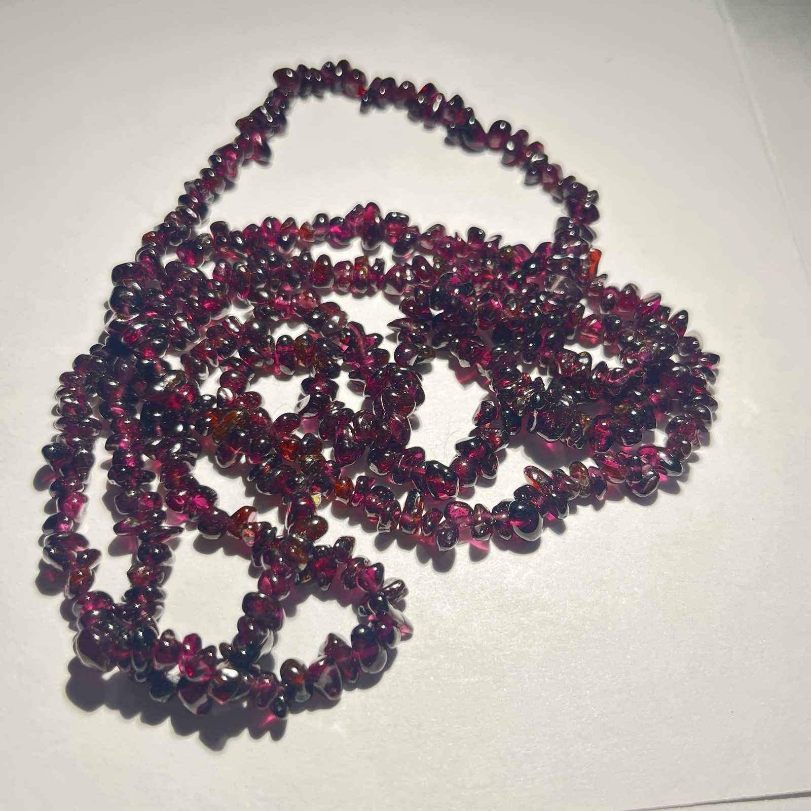 Almandine Garnet Chip Necklace 36” Purple Red Gemstone Beads Opera Length