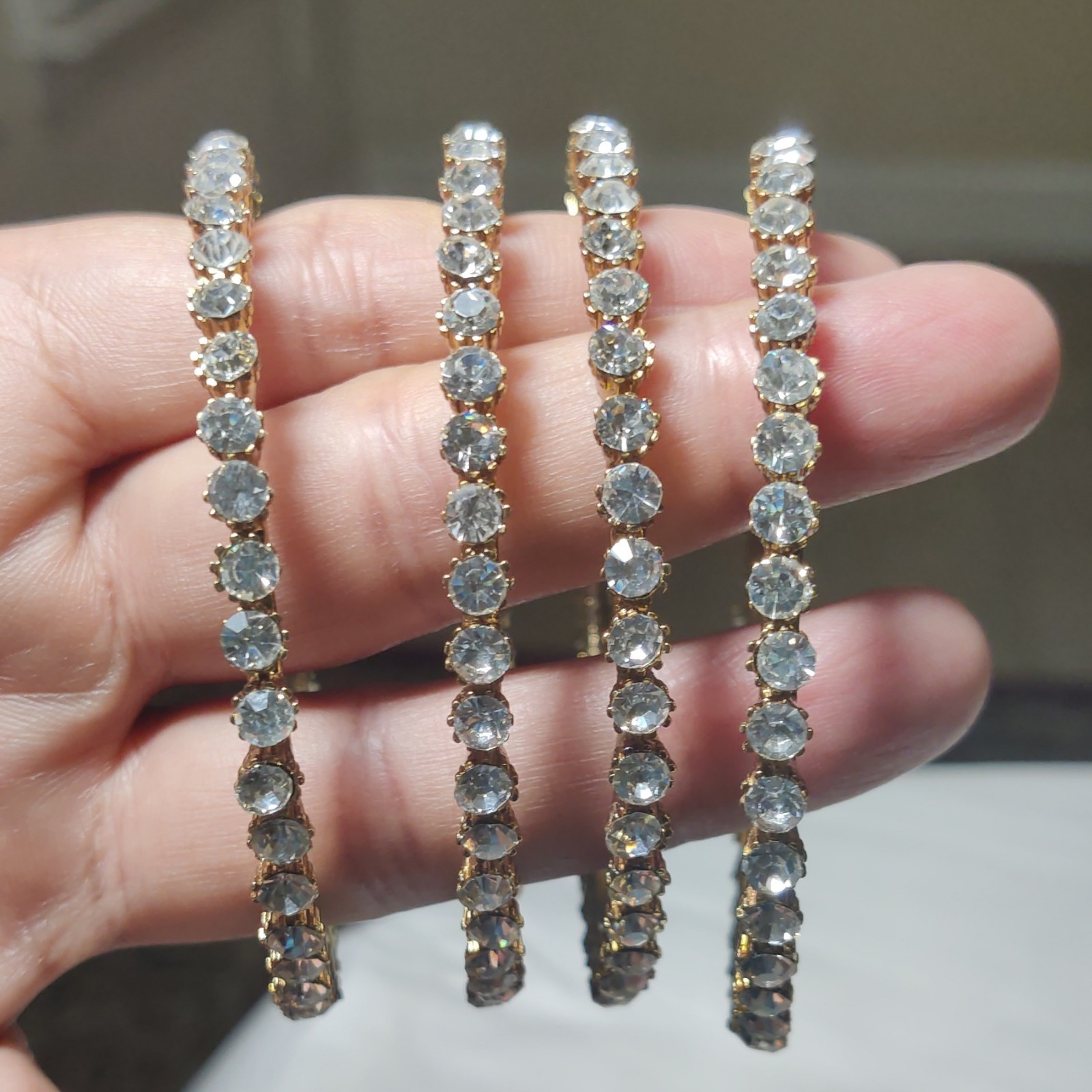 Gold Tone Clear Round Rhinestone Prong Set Stackable Bangle Bracelet Set of 4