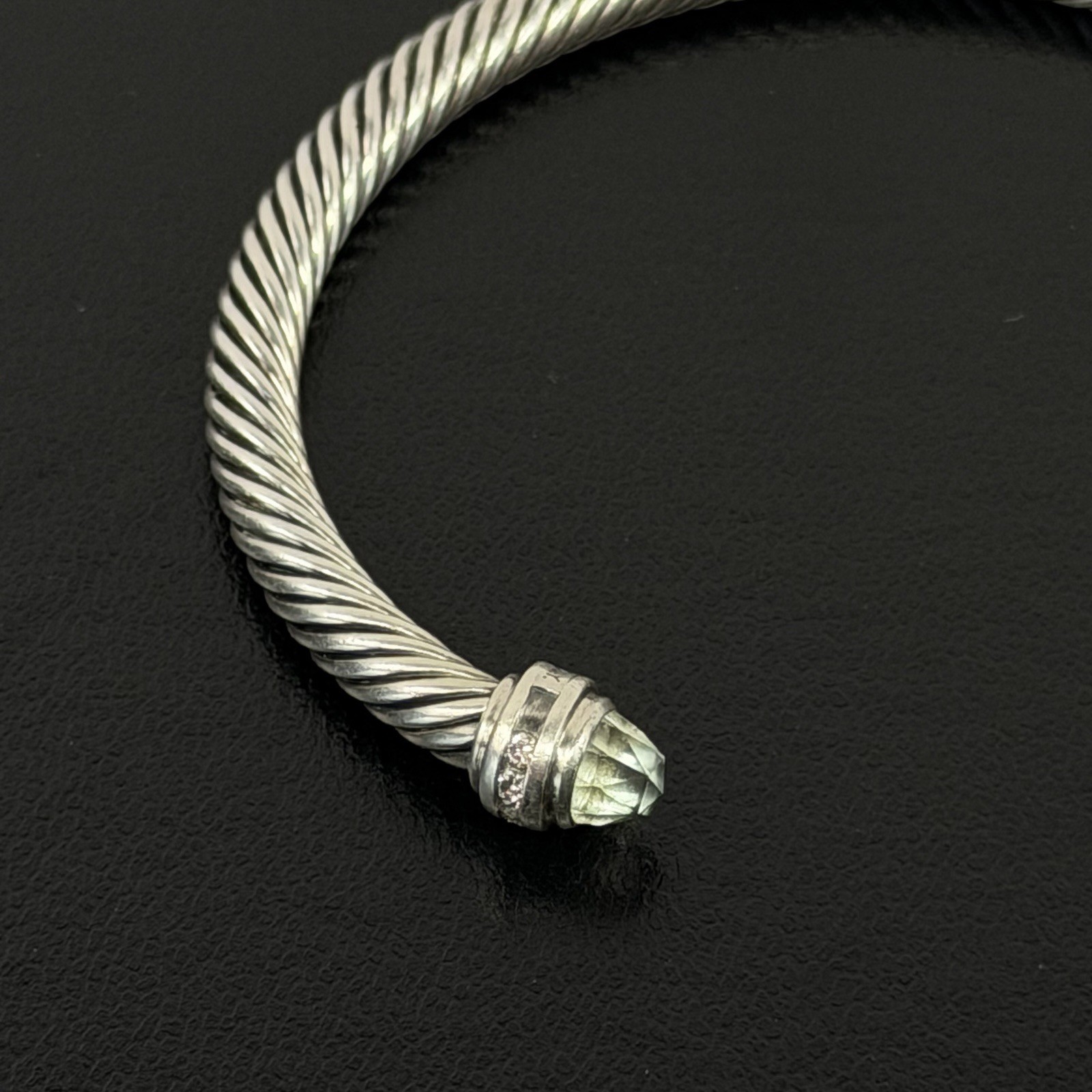 David Yurman Sterling Silver Prasiolite & Diamond Cable Cuff Bracelet 5 mm 6.5″
