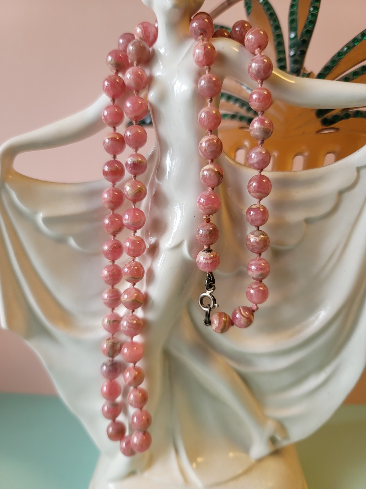 Vintage Genuine Rhodochrosite Bead Pearl Knotted Necklace